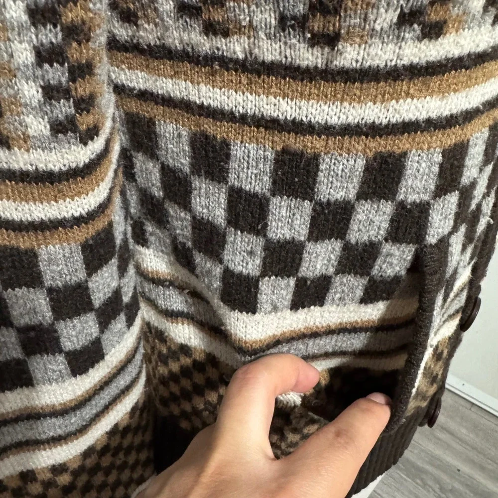 Vans Rare Retro Hooded Cardigan Sweater Brown Checkerboard Geometric Knit Size M